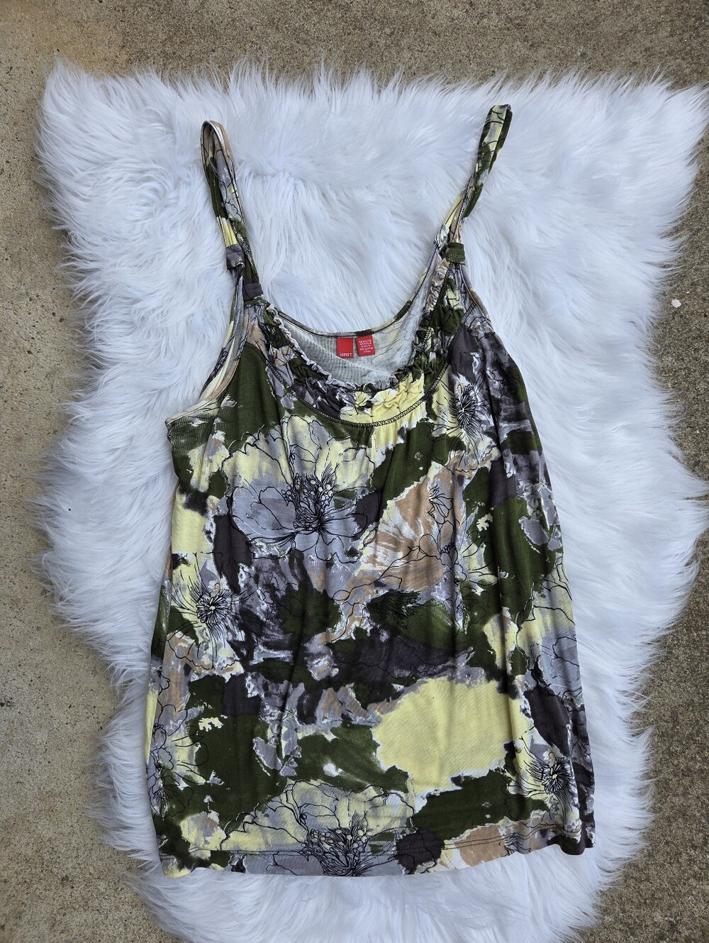 Esprit - Y2K- Floral Print Tank Top - Olive Green & Pastel - Size Large